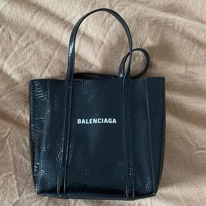 Authentic Balenciaga XXS Bazar Patent Leather shopper. Black/gold.